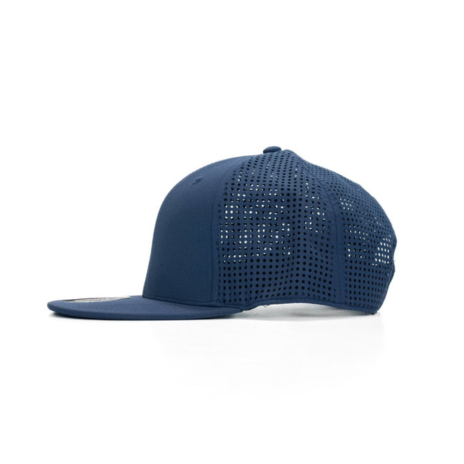 A navy cap with mesh detailing at the back and a solid front panel, featuring a logo.