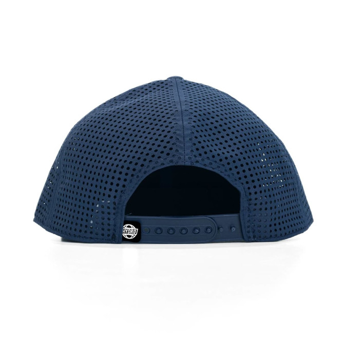 A navy blue cap with a mesh design and a logo on the back.