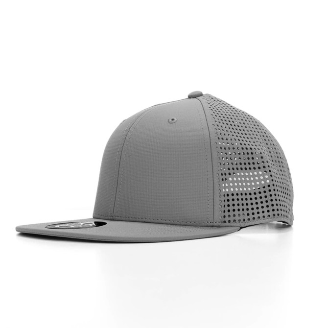 A grey cap with a solid front and mesh back, featuring a small logo on the front.