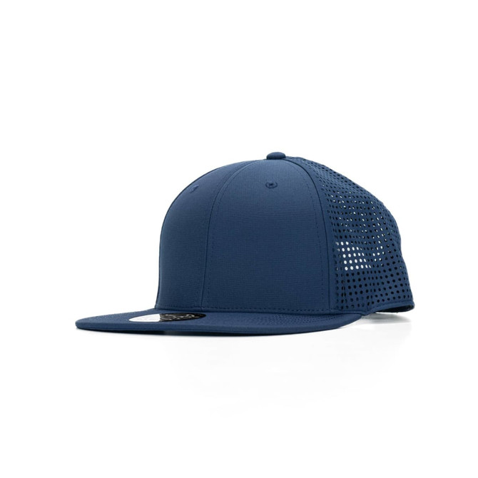 A navy blue cap with a mesh back and a flat brim, featuring a logo on the front.