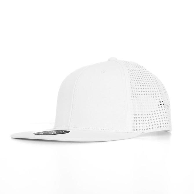 A white cap with a mesh back and a flat brim, featuring a logo on the side.