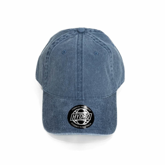 A blue cap with a curved brim and branding patch on the front.