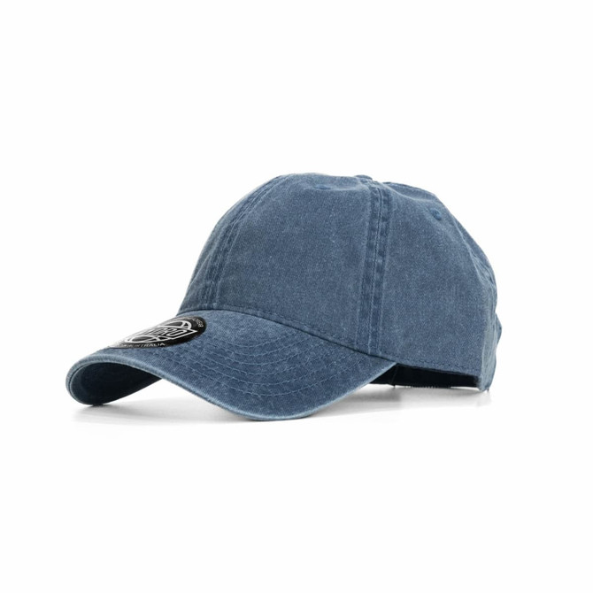 A denim blue cap featuring a rounded peak and an adjustable strap at the back. It has a logo on the front.