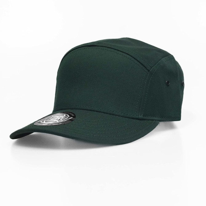 A green cap featuring a flat brim and a logo on the side. It has ventilation holes on either side.