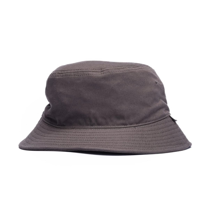 A dark grey bucket hat with a wide brim and a subtle logo. Features a simple, streamlined design.