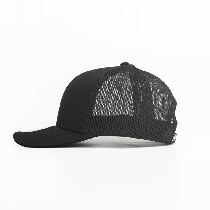 A black trucker cap with a mesh back, featuring a curved brim and a logo.