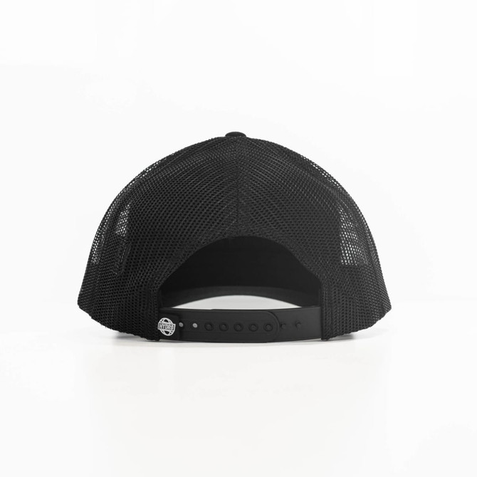 A black trucker cap featuring a mesh back and adjustable snap closure. The design includes a logo detail.