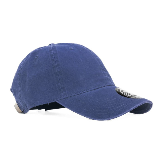 A navy cap with a curved brim and an adjustable strap at the back, featuring a logo on the side.