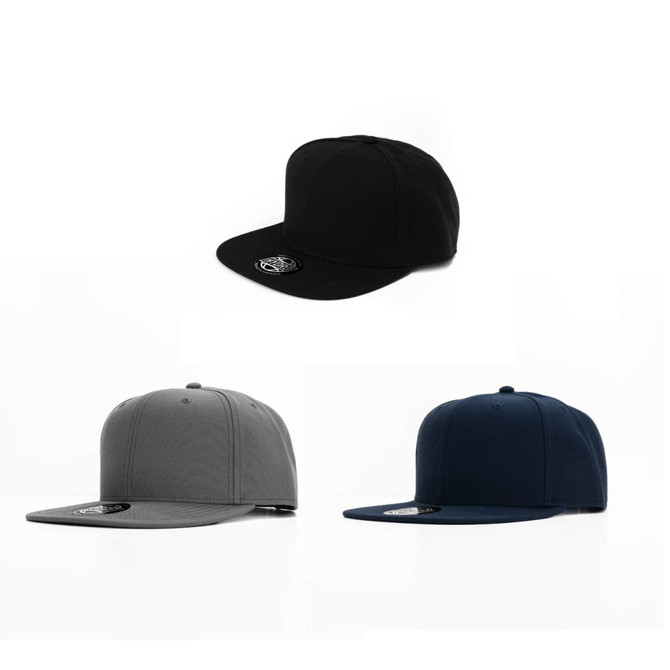 Three caps in black, grey, and navy blue, featuring a logo on each. The caps have a structured design with a flat brim.