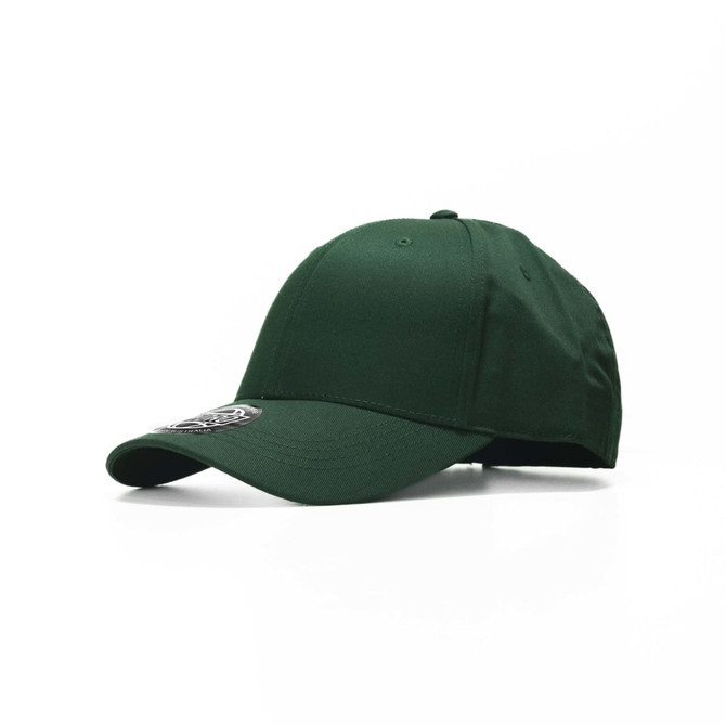 A green cap featuring a circular logo stitched on the front.