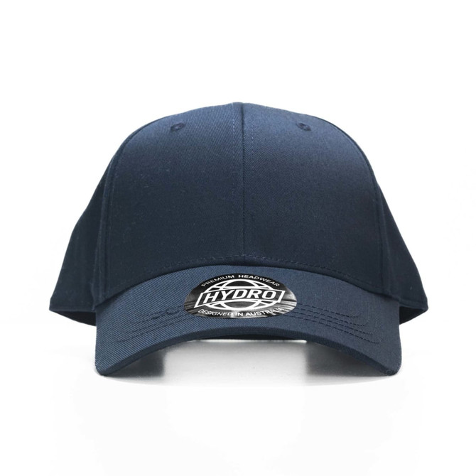 A navy cap with a curved brim and a logo on the front.