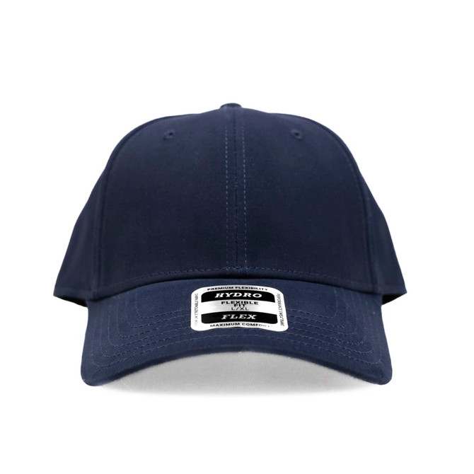 A navy blue cap featuring a branded label on the front.
