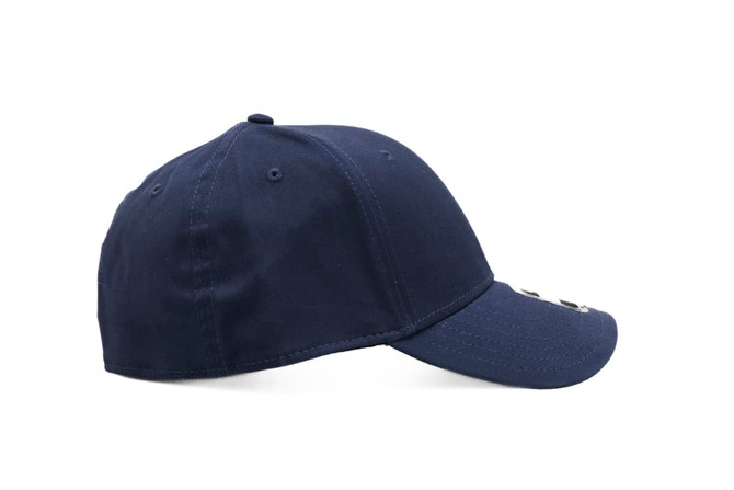 A navy cap with a curved brim and an embroidered logo on the front.