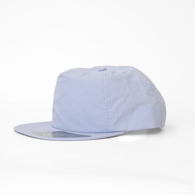 A light blue cap featuring a flat brim and a branded logo.