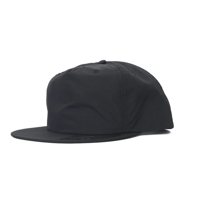 A black cap with a flat brim and a logo, featuring a structured design and a side profile view.