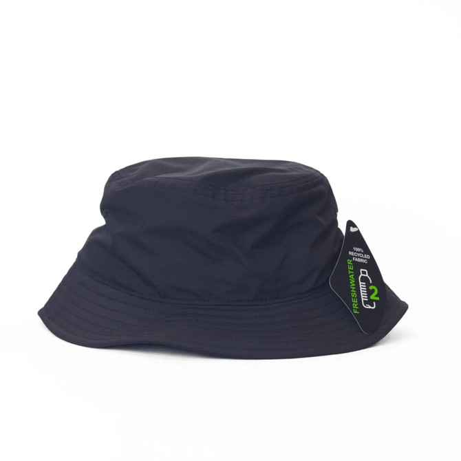A black bucket hat with a branded tag, featuring a wide brim and a simple design.