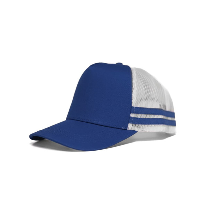 A blue cap with a white mesh back, featuring two horizontal stripes and a logo on the front.
