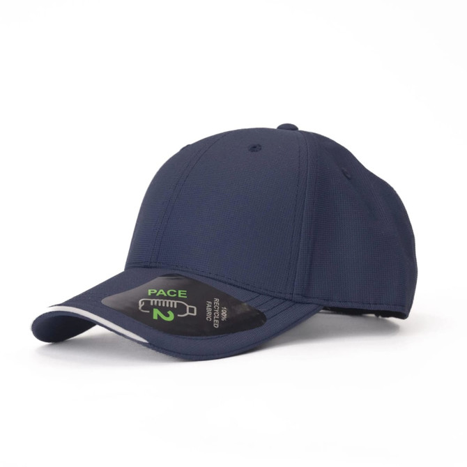 A navy blue cap with a curved brim, featuring a logo and a structured design.
