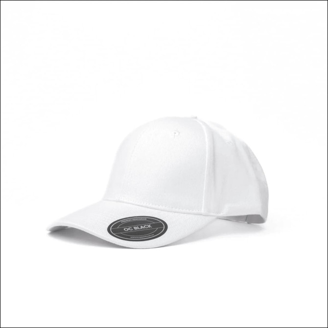 A white cap with a curved brim and a branding tag on the side.