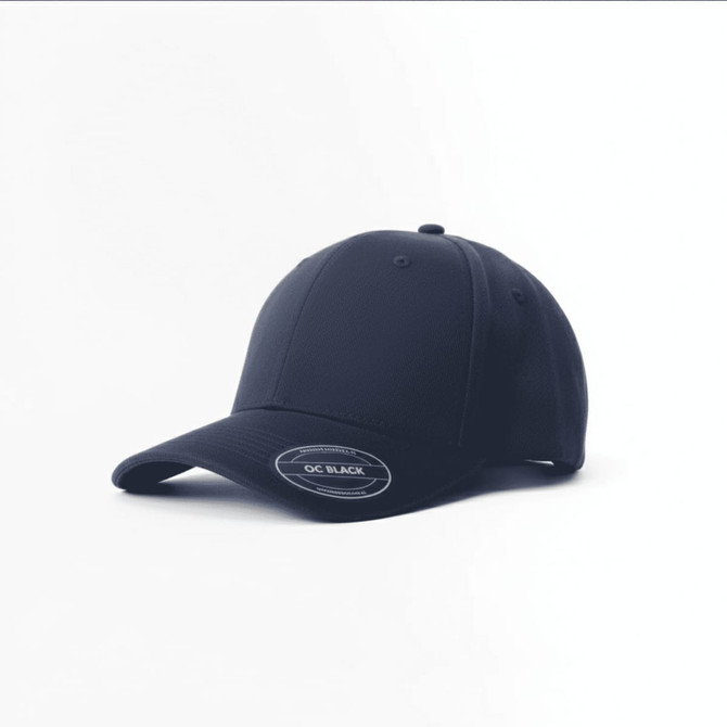A black cap with a curved brim, featuring a logo, positioned at an angle on a white background.