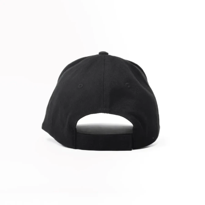 A black brushed cotton baseball cap with a six-panel design and an adjustable back strap.