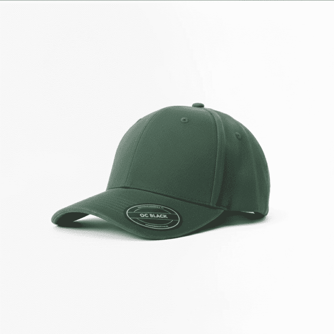 A green brushed cotton baseball cap with a curved brim and a logo on the front.