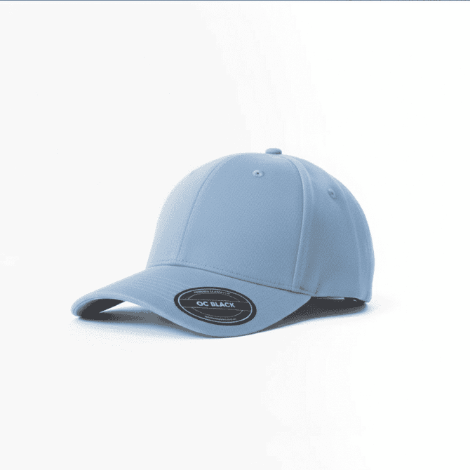 A light blue brushed cotton baseball cap with a curved brim and a logo on the side.