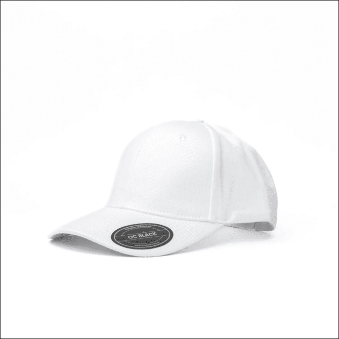 A white brushed cotton baseball cap with a six-panel design and a logo on the front.