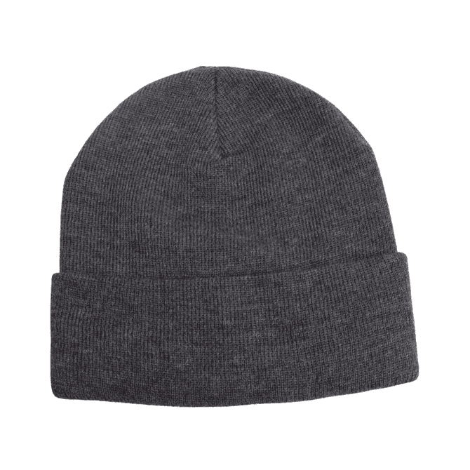 A warm knitted acrylic beanie in a dark grey colour, featuring a fold-over cuff and a logo.