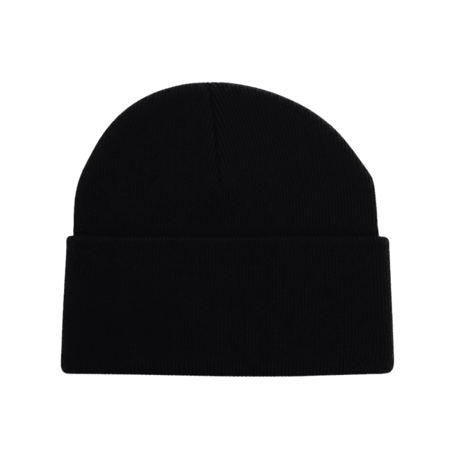 A black knitted acrylic beanie with a fold-up cuff and a textured finish. It features a logo.