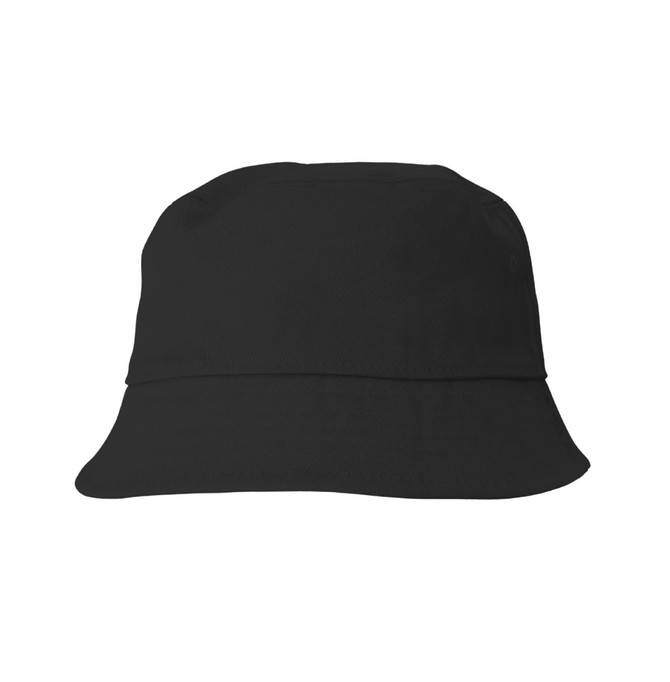 A black cotton bucket hat featuring a wide brim and a minimalist design. The hat has a logo on it.