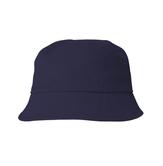 A navy cotton bucket hat with a wide brim and a subtle logo on the side.