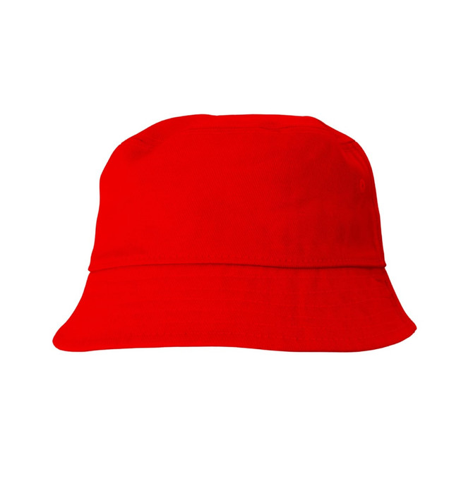 A red cotton bucket hat with a wide brim and minimal design, featuring a logo.