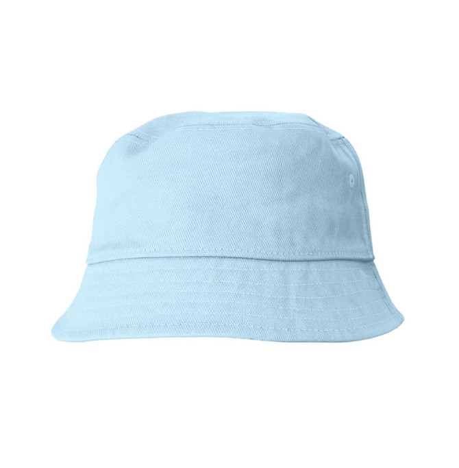 A light blue cotton bucket hat with a wide brim and a logo on the side.