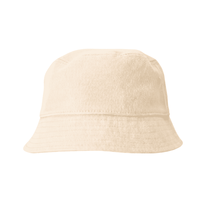 A cotton bucket hat in a light beige colour, featuring a wide brim and a subtle texture.