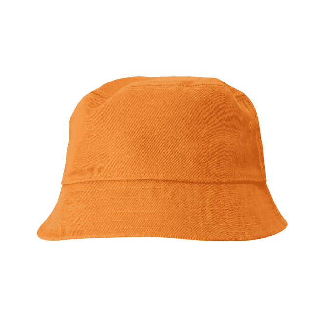An orange cotton bucket hat with a wide brim, featuring a simple design and no visible logos.