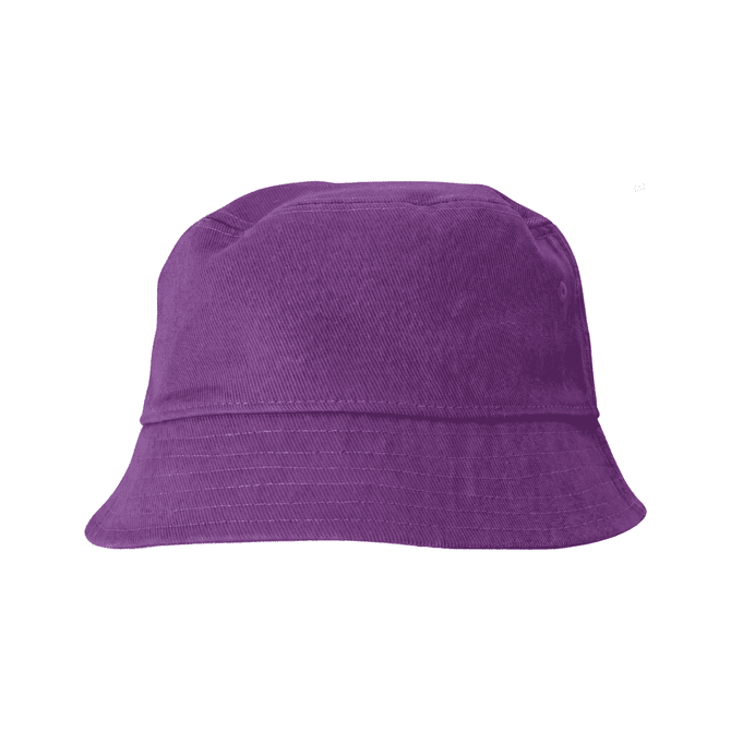 A purple cotton bucket hat featuring a wide brim and a simple design. It has a logo on it.