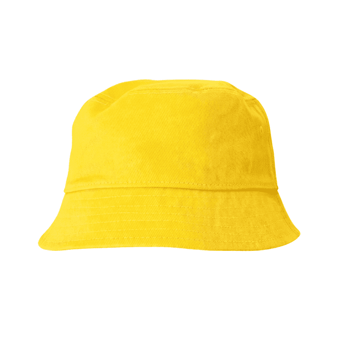 A yellow cotton bucket hat with a wide brim and a stitched band. The hat features a logo.