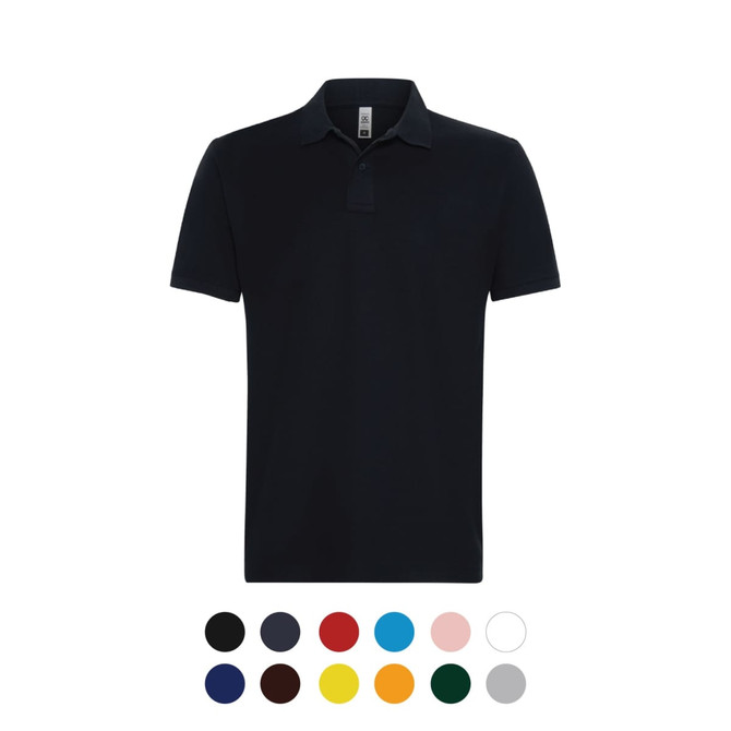 A black polo shirt with a collar, featuring a logo. Available in various colours below.