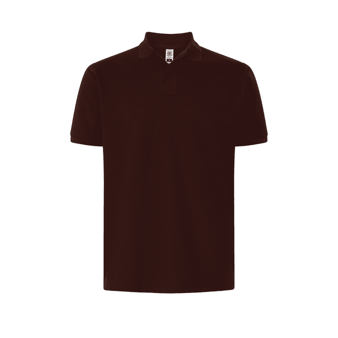 A dark brown polo shirt with a collar and a logo on the chest. Classic styling for casual wear.