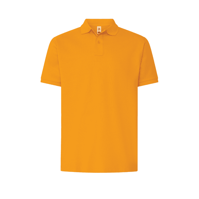 A plain bright yellow polo shirt with a collar and short sleeves, featuring a logo on the chest area.