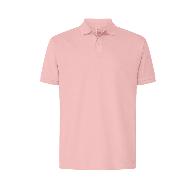 A pink polo shirt with a collar, featuring short sleeves and a logo on the chest.