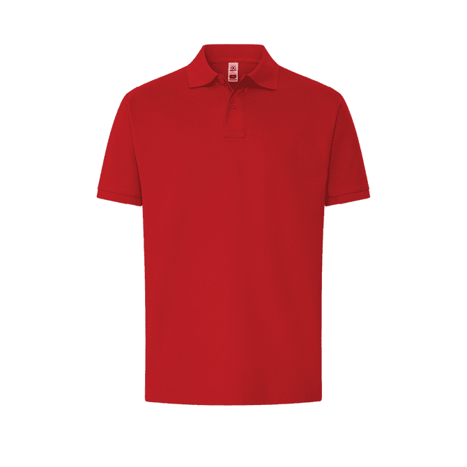 A red polo shirt with a collar, short sleeves, and a logo on the chest area.