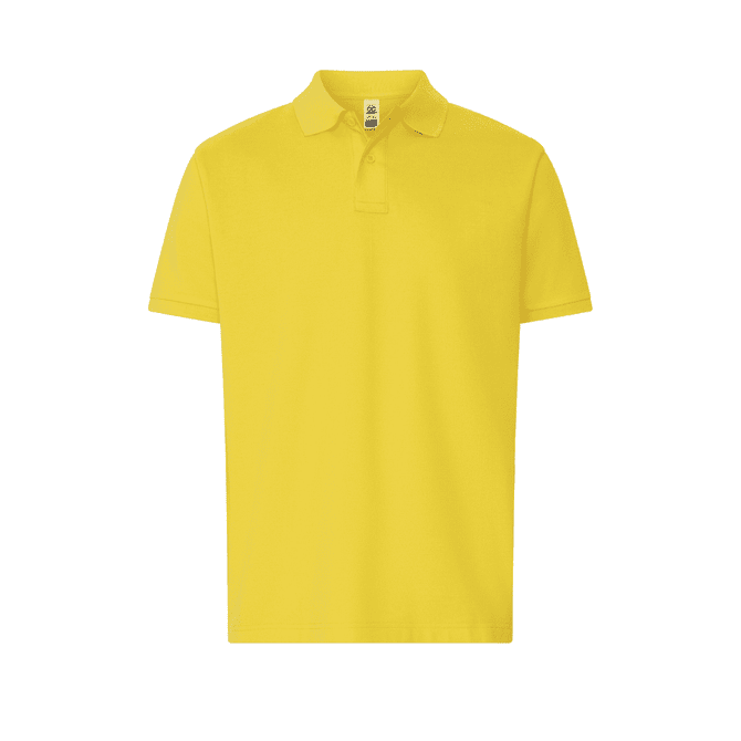 A yellow polo shirt featuring a collar and short sleeves, with a subtle branding logo.