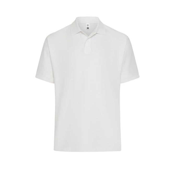A white men's polo shirt featuring a collar and short sleeves, with a logo on the front.