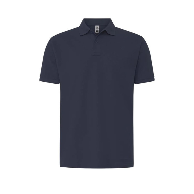 A navy blue men's polo shirt with a collar and short sleeves, featuring a logo on the chest area.
