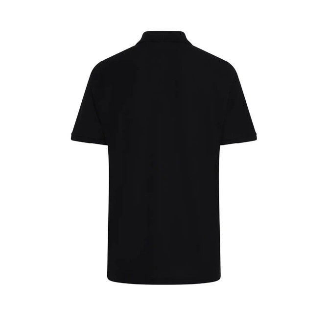 A black men's polo shirt featuring a collar and short sleeves, with a logo on the back.