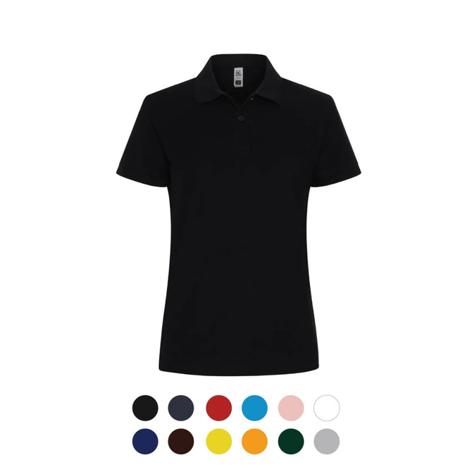 A black women's polo shirt with a collar, featuring a logo and available in various colours.