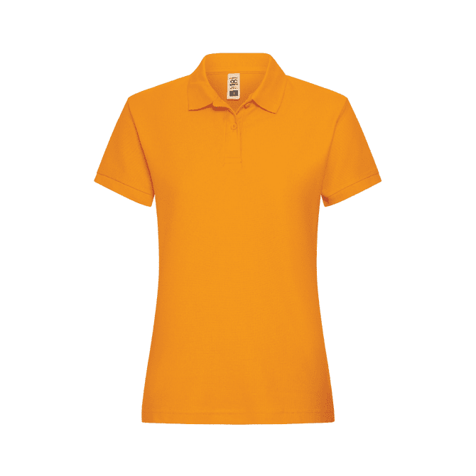 An orange women's polo shirt with a classic collar and short sleeves, featuring a label.