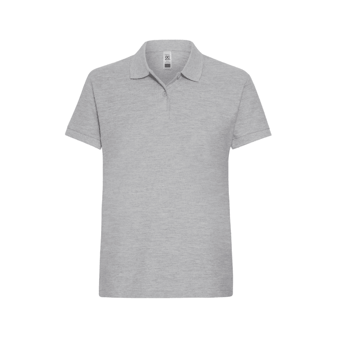 A grey women's polo shirt with a collar and short sleeves, featuring a branded logo.